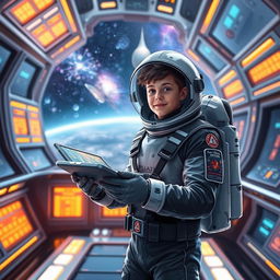 A futuristic book cover depicting a young, adventurous scientist ready to explore outer space