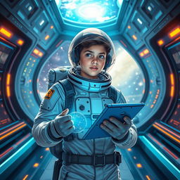 A futuristic book cover depicting a young, adventurous scientist ready to explore outer space