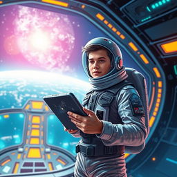 A futuristic book cover depicting a young, adventurous scientist ready to explore outer space