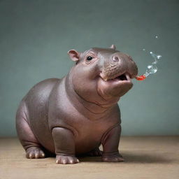 A cute baby hippo with an old-fashioned pipe in its mouth, blowing bubbles instead of smoke