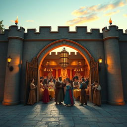 A grand castle gate opening to reveal a lively party inside