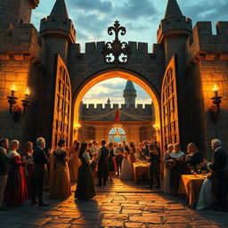 A grand castle gate opening to reveal a lively party inside