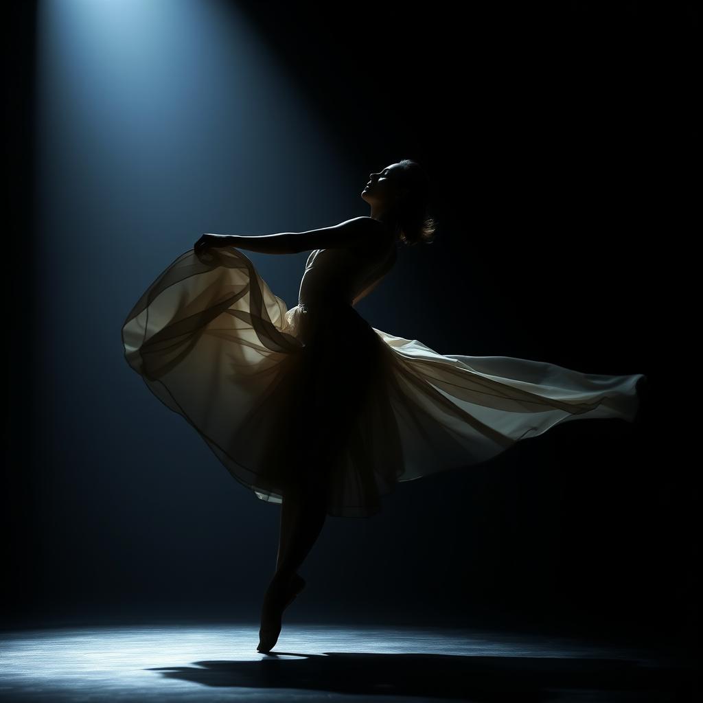 A graceful dancer with a fluid motion, performing under a spotlight on a dark stage