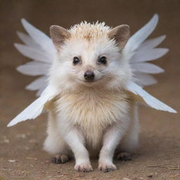 A cute hedgehog endowed with bird wings, polar bear fur, and the ears of a fennec fox, named Dennis.