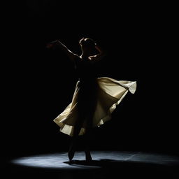 A graceful dancer with a fluid motion, performing under a spotlight on a dark stage