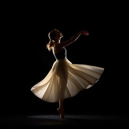 A graceful dancer with a fluid motion, performing under a spotlight on a dark stage