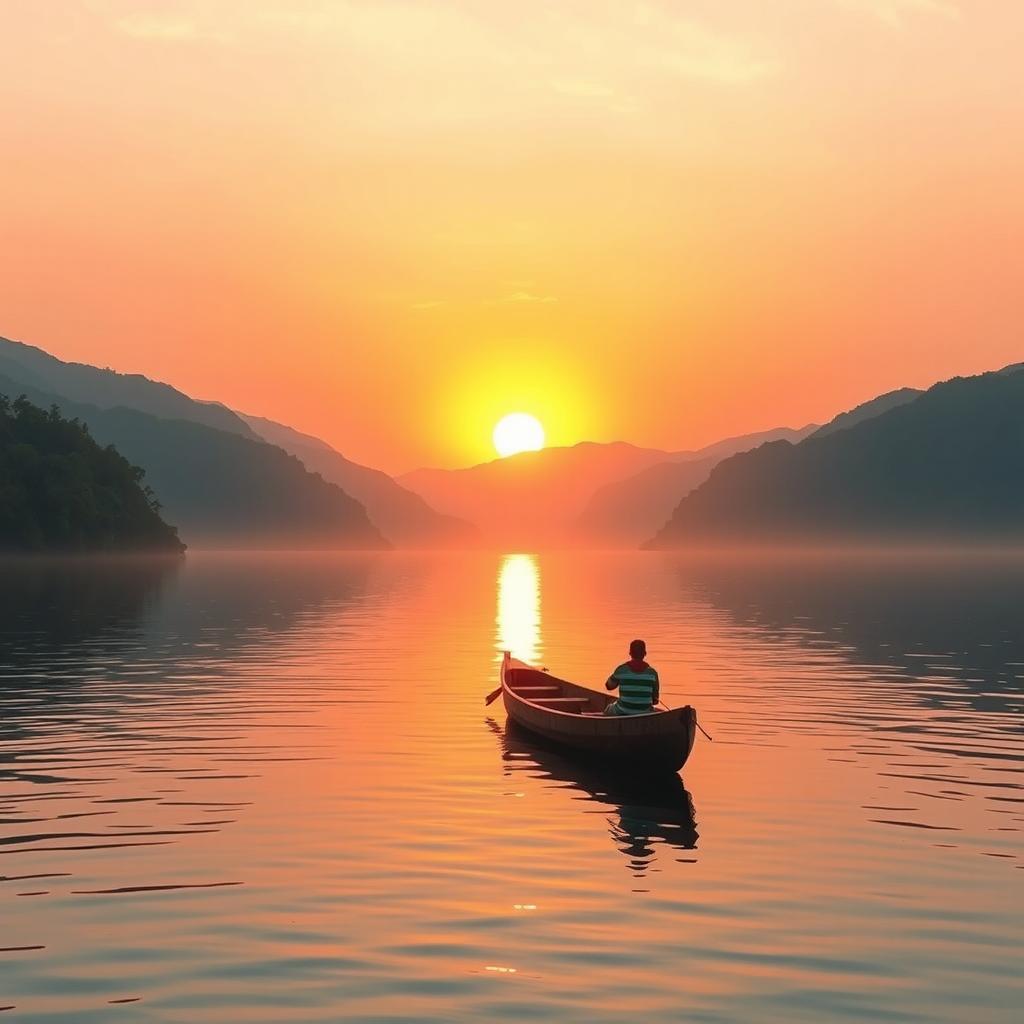 A serene sunrise scene depicting a majestic lake surrounded by lush green mountains