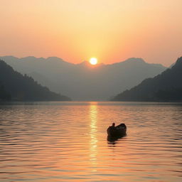 A serene sunrise scene depicting a majestic lake surrounded by lush green mountains