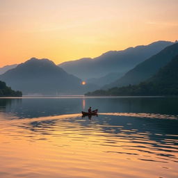 A serene sunrise scene depicting a majestic lake surrounded by lush green mountains