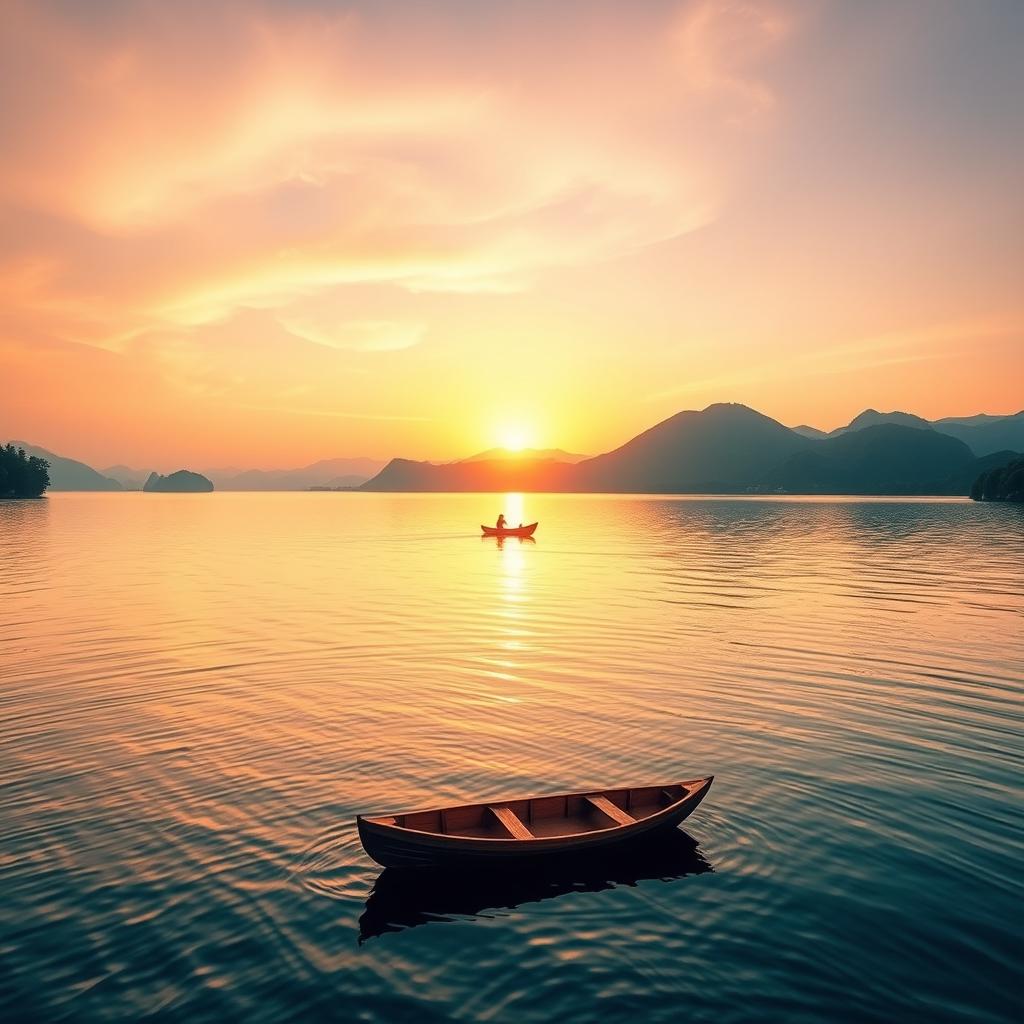 A serene sunrise scene depicting a majestic lake surrounded by lush green mountains