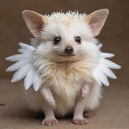 A cute hedgehog endowed with bird wings, polar bear fur, and the ears of a fennec fox, named Dennis.