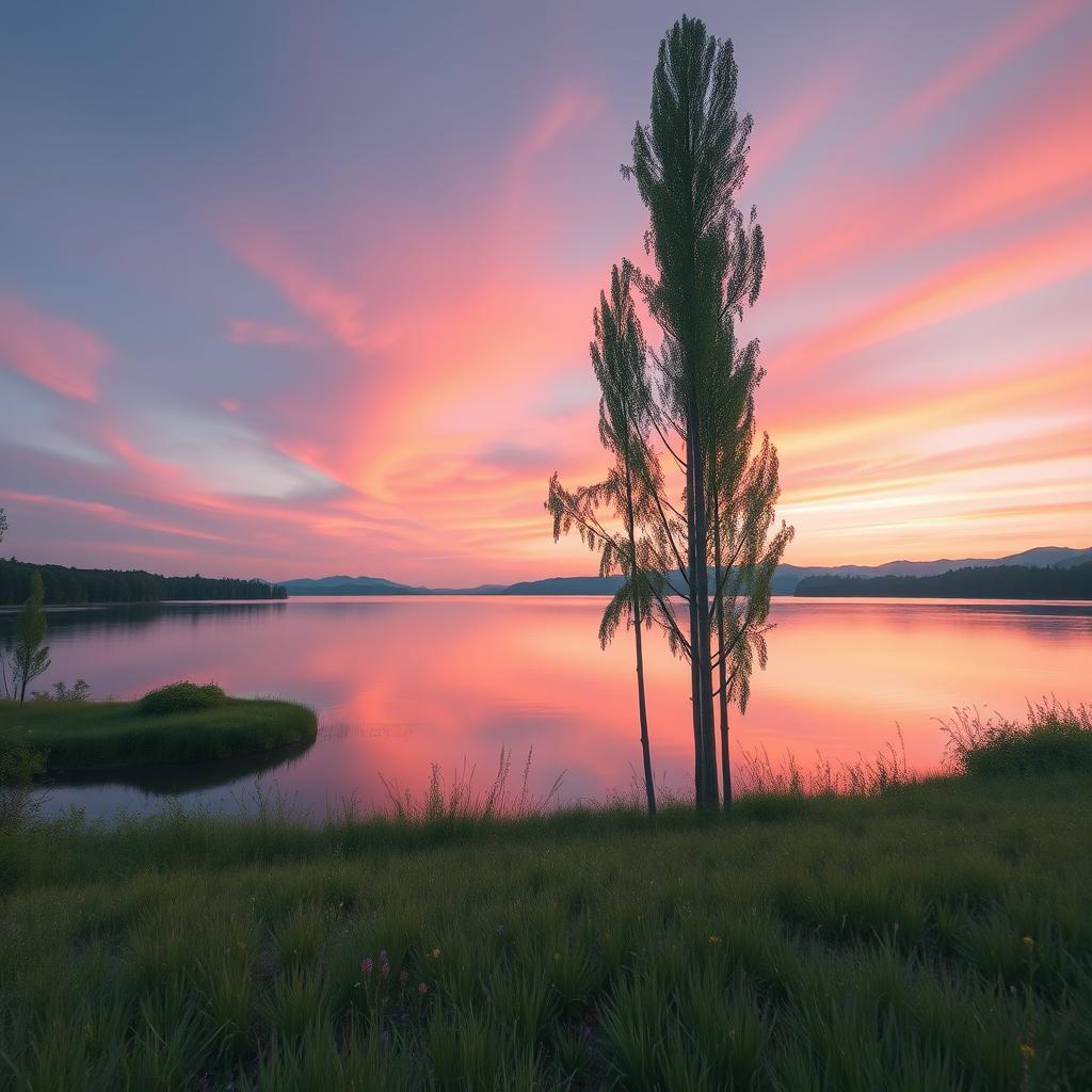 A photorealistic portrait of a serene landscape at dusk, featuring a soft pastel sky with hues of pink, orange, and purple