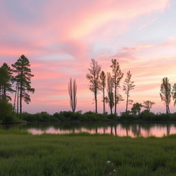 A photorealistic portrait of a serene landscape at dusk, featuring a soft pastel sky with hues of pink, orange, and purple