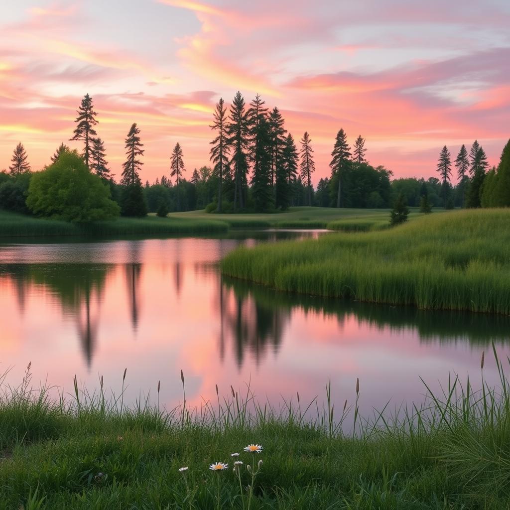 A photorealistic portrait of a serene landscape at dusk, featuring a soft pastel sky with hues of pink, orange, and purple