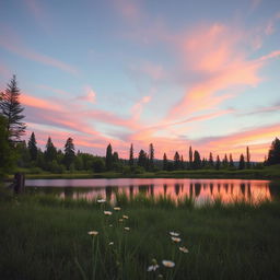 A photorealistic portrait of a serene landscape at dusk, featuring a soft pastel sky with hues of pink, orange, and purple