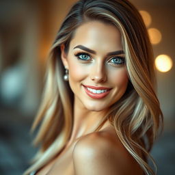 A stunning and glamorous portrait of a beautiful woman with long, flowing hair and captivating eyes