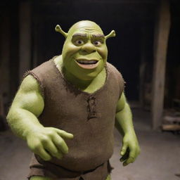Shrek puppet seeking revenge in an ominous, abandoned warehouse after the demise of his children