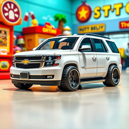 A small toy lookalike of a 2016 Chevrolet Tahoe with a slammed suspension, rendered in a vibrant cartoon style