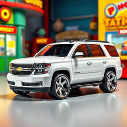 A small toy lookalike of a 2016 Chevrolet Tahoe with a slammed suspension, rendered in a vibrant cartoon style