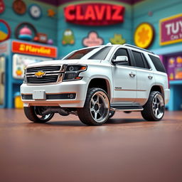 A small toy lookalike of a 2016 Chevrolet Tahoe with a slammed suspension, rendered in a vibrant cartoon style