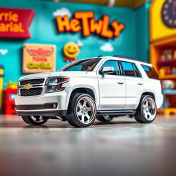 A small toy lookalike of a 2016 Chevrolet Tahoe with a slammed suspension, rendered in a vibrant cartoon style