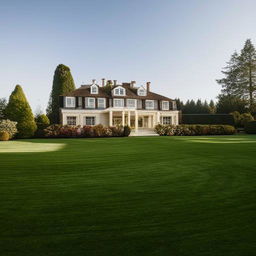 Large luxurious mansion with expansive landscaped gardens in the daylight