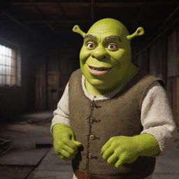 Shrek puppet seeking revenge in an ominous, abandoned warehouse after the demise of his children