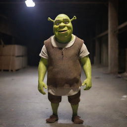 Shrek puppet seeking revenge in an ominous, abandoned warehouse after the demise of his children