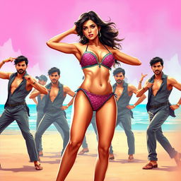 an artistic depiction of a glamorous Bollywood diva inspired by Kriti Sanon, confidently posing in a stylish bikini, amidst a group of handsome male dancers, choreographed in an engaging manner, showcasing vibrant expressions and dynamic poses, with an emphasis on her poised and confident demeanor