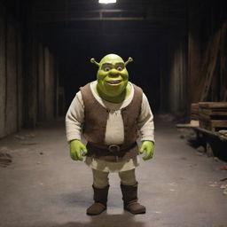 Shrek puppet seeking revenge in an ominous, abandoned warehouse after the demise of his children