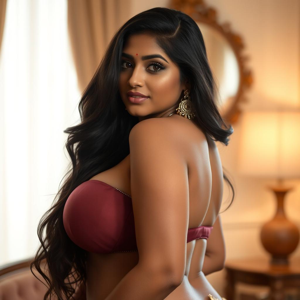 A beautiful Indian woman with voluptuous curves, featuring large breasts and a round, attractive posterior