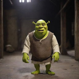 Shrek puppet seeking revenge in an ominous, abandoned warehouse after the demise of his children