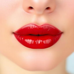 A close-up image of luscious, full lips with a glossy red finish