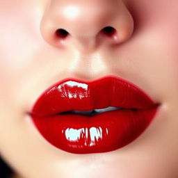 A close-up image of luscious, full lips with a glossy red finish