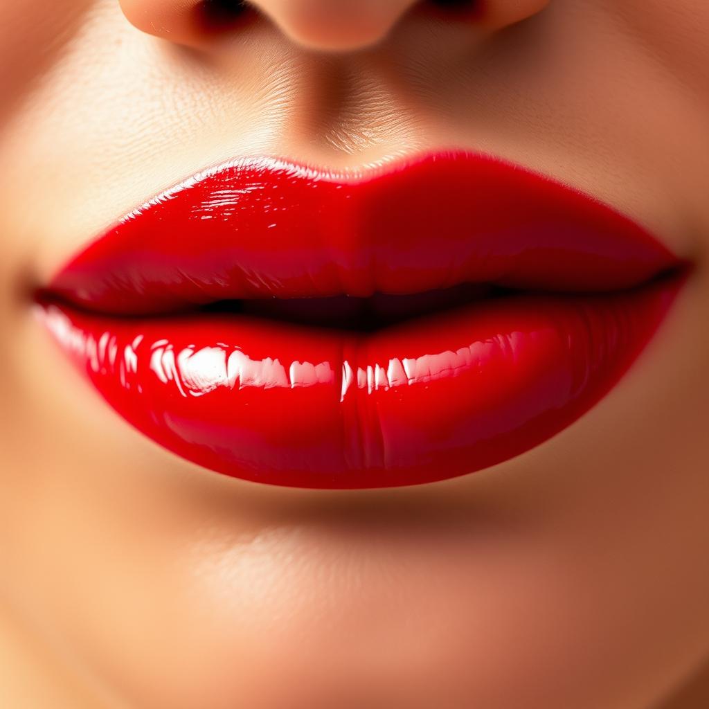 A close-up image of luscious, full lips with a glossy red finish