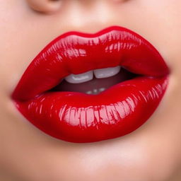 A close-up image of luscious, full lips with a glossy red finish