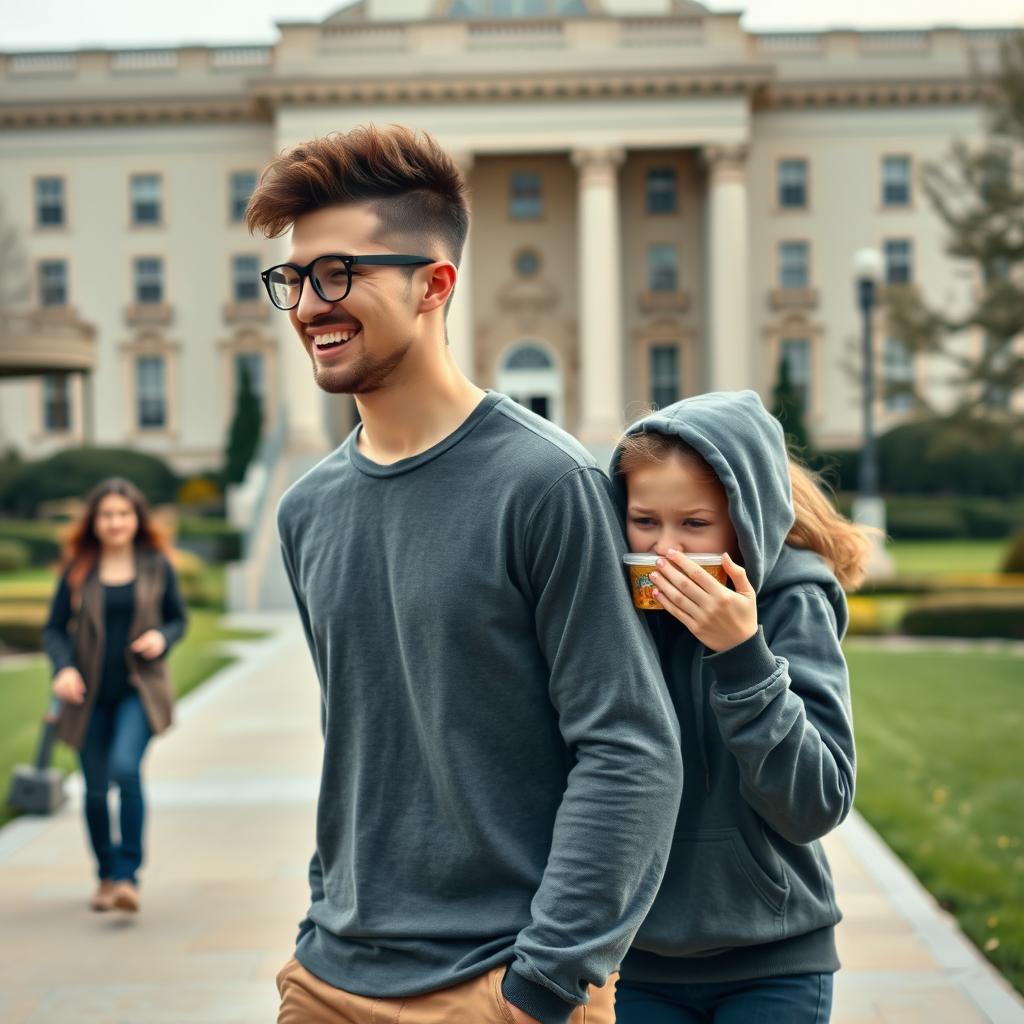 A tall, handsome young man with glasses and curly hipster-style shaved hair walking happily toward an important building