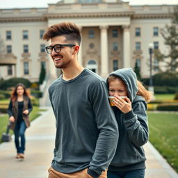 A tall, handsome young man with glasses and curly hipster-style shaved hair walking happily toward an important building