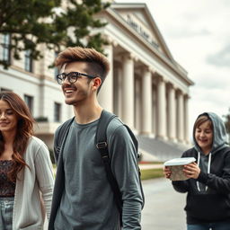 A tall, handsome young man with glasses and curly hipster-style shaved hair walking happily toward an important building