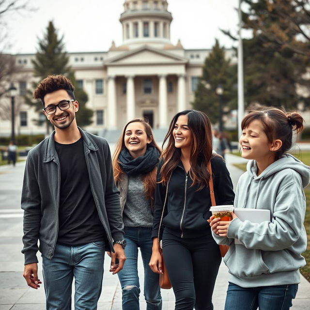 A tall, handsome young man with glasses and curly hipster-style shaved hair walking happily toward an important building