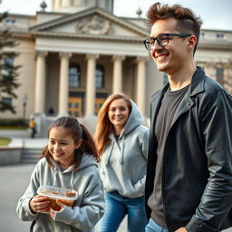 A tall, handsome young man with glasses and curly hipster-style shaved hair walking happily toward an important building