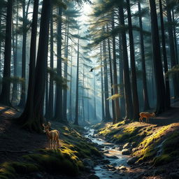 A serene forest landscape with tall, ancient trees stretching towards the sky