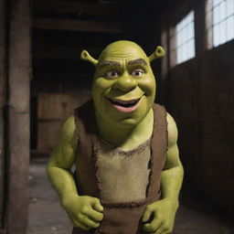 Shrek puppet seeking revenge in an ominous, abandoned warehouse after the demise of his children