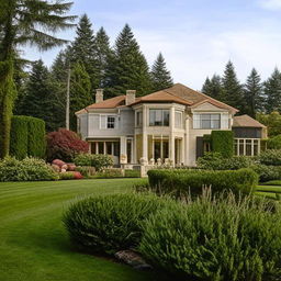 Large luxurious mansion with expansive landscaped gardens in the daylight