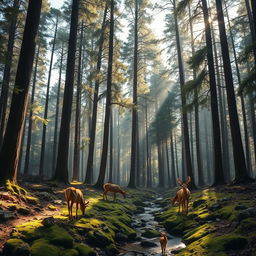 A serene forest landscape with tall, ancient trees stretching towards the sky