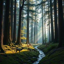 A serene forest landscape with tall, ancient trees stretching towards the sky