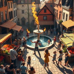 A whimsical scene featuring a lively marketplace in a bustling town square