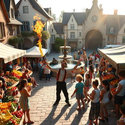 A whimsical scene featuring a lively marketplace in a bustling town square