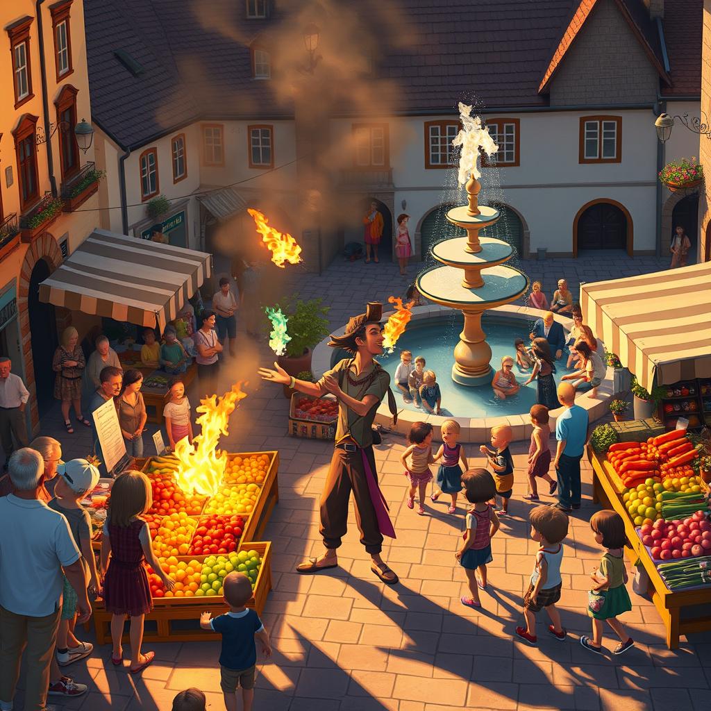 A whimsical scene featuring a lively marketplace in a bustling town square