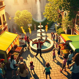 A whimsical scene featuring a lively marketplace in a bustling town square